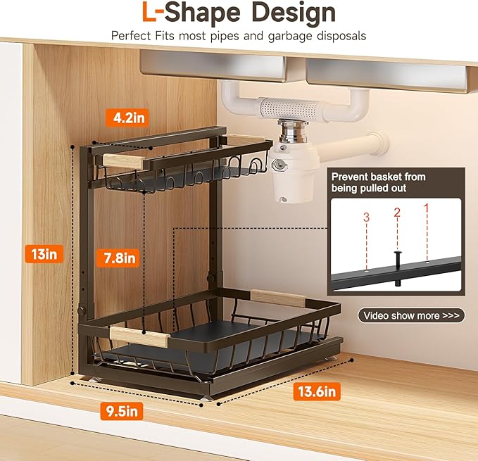 2 Packs Under Sink Organizer, Height Adjustable 2 Tier Under Kitchen Sink Organizer, Multi-Purpose Storage Shelf for Kitchen Bathroom Cabinet (Brown, Extra Large)