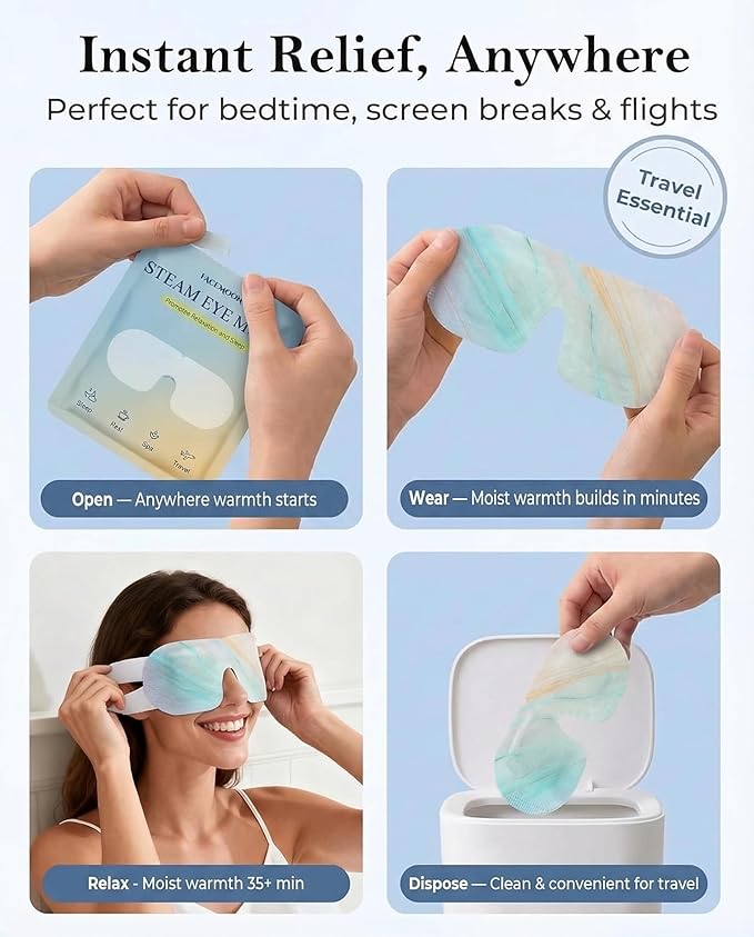Self Heating Steam Eye Masks: Disposable Moist Warm Compress for Dry Eyes, Eye Strain, Stye & Stress Relief – No Microwave Needed for Relax, Travel, Sleep & Spa, Unscented