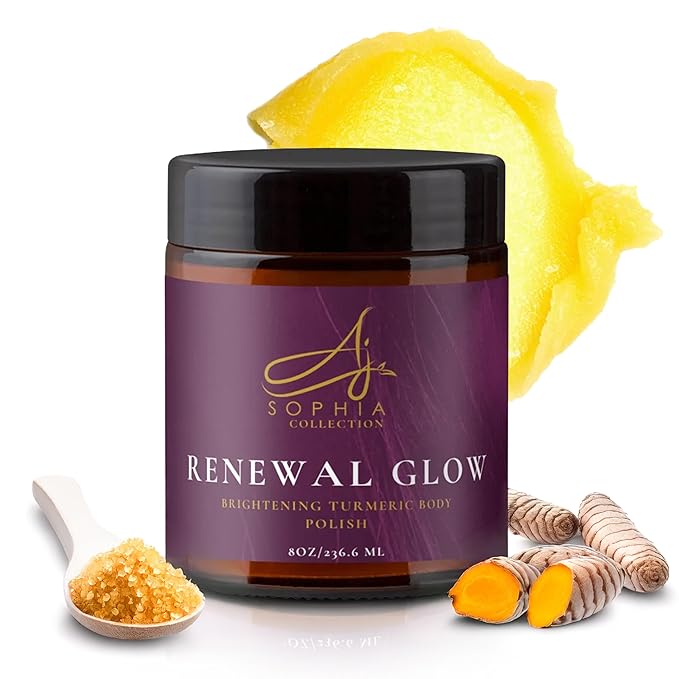 AJ Sophia’s Turmeric Body Polish Scrub – Renewal Brightening & Exfoliating Skincare with Vitamin E & Glycerin – Body Scrub for Glowing Skin, Dark Spots, Uneven Tone & Texture – All Skin Types, 8 fl oz