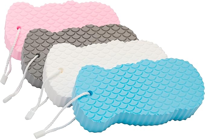 Exfoliating Sponges (4 pcs) - Super Soft Exfoliating Bath Shower Sponge - Removes Dead Skin and Impurities from Body - Great for Adults and Children - Pink & Blue & White & Gray