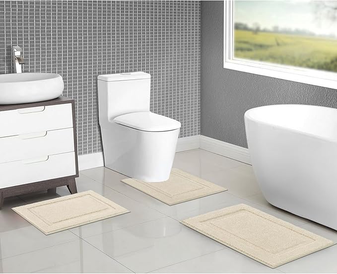 SHACOS Soft Fluffy Bathroom Rugs Set of 3 Pieces Bath Mats with U Shape Toilet Rugs Non Slip Washable Bath Rugs Absorbent Bathroom Carpet for Shower Tub Sink, Light Beige