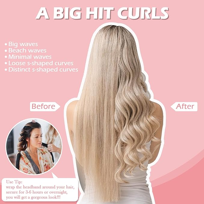 Heatless Curls Overnight Headband, 70'' No Heat Hair Curlers for Medium Long Hair, Champagne Pink