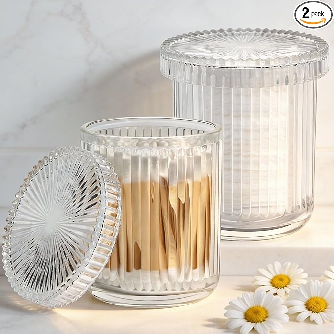 2 Pack Glass Qtip Holder Dispenser Set - Bathroom Organizer for Cotton Swabs, Balls, Pads, Floss Picks - Clear Apothecary Jars for Vanity, Makeup Storage, Bathroom Accessories Decor (Clear)