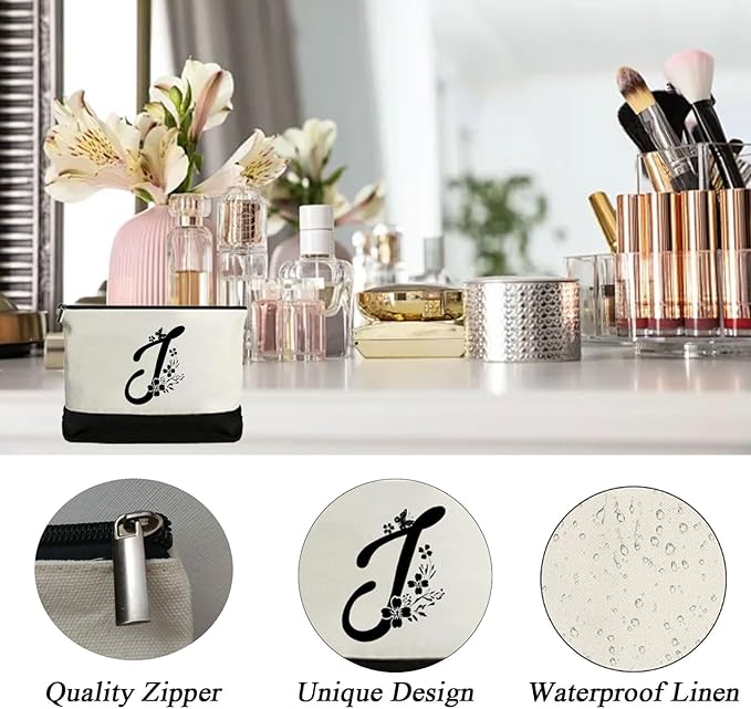 Personalized Gifts for Women - Initial Canvas Tote Beach Bag & Makeup Bag, Unique bags for Christmas, Birthday, Holiday, Wedding, Monogram Birthday Gifts for Women, Wife, Friends, sisters, Mom (J)