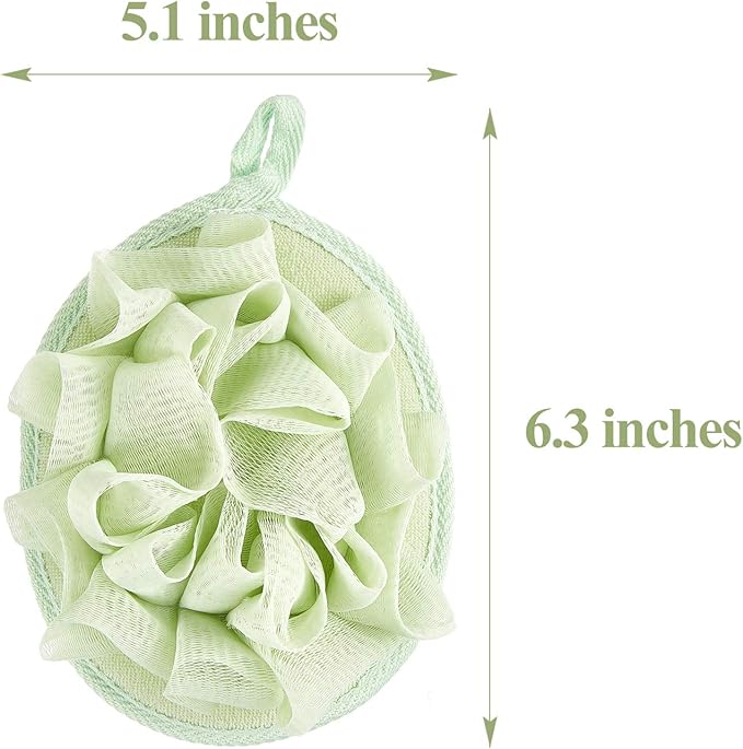 Boao 6 Pcs Bath Shower Pouf Sponge Mesh Pouf Shower Ball Exfoliating Body Sponge Pad Scrubber Glove with Flower Bath Ball (Beige,Green,Purple)