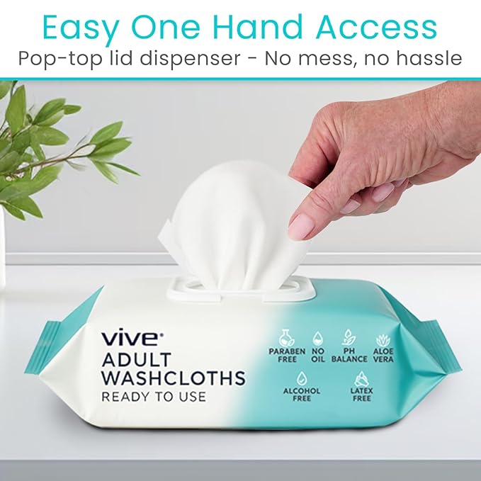 Vive Disposable Washcloths for Adults & Elderly (12 Pack - 600 Count - 8"x12") – Incontinence Wipes for Men & Women – Hypoallergenic No Rinse Adult Body Wipes for Sensitive Skin – Unscented