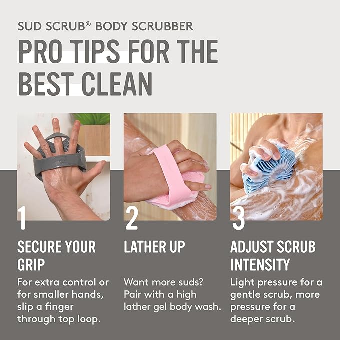 Sud Scrub® Antimicrobial Silicone Body Scrubber, Exfoliating Body Scrubber for Sensitive Skin, Eco Friendly Shower Scrubber for Body, Silicone Body Brush for Showering, Clay