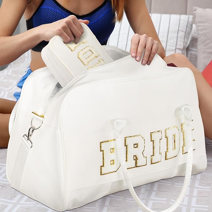 2 Pcs Wedding Weekender Bag Bride Groom Duffle Bag Chenille Letter Patch Travel for Bridal Shower Honeymoon Gift(Bride,White)