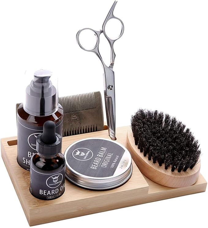 Striking Viking Bamboo Beard Kit for Men - 7.3 in x 4.5 in x 1 in - Portable Grooming Caddy Organizer for Beard Balm & Oil Products - With Scissors & Comb Brush Holder