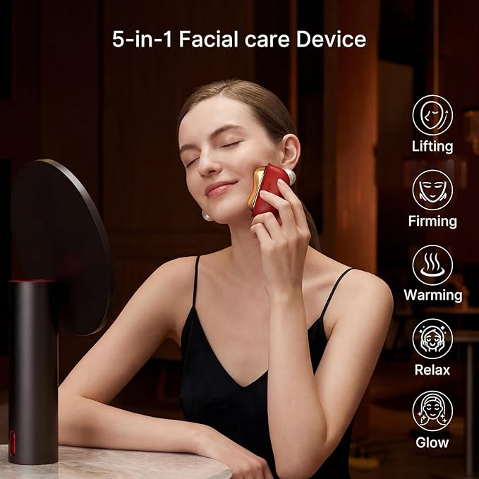 ZDEER Electric Gua Sha Facial Care Set – Heated Brass Face & Neck Massager with Red Light Therapy & Soothing Vibration, Includes 2 × 10ml Massage Oils for Face & Body Care