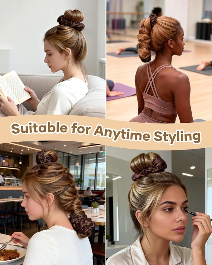 BONNET QUEEN Satin Heatless Hair Curler, Overnight Curls for Long Hair, ultra soft Heatless Curling Rod & 2 Scrunchies,Damage-Free Styling, Soft Hair Curlers for Overnight Use(Brown)