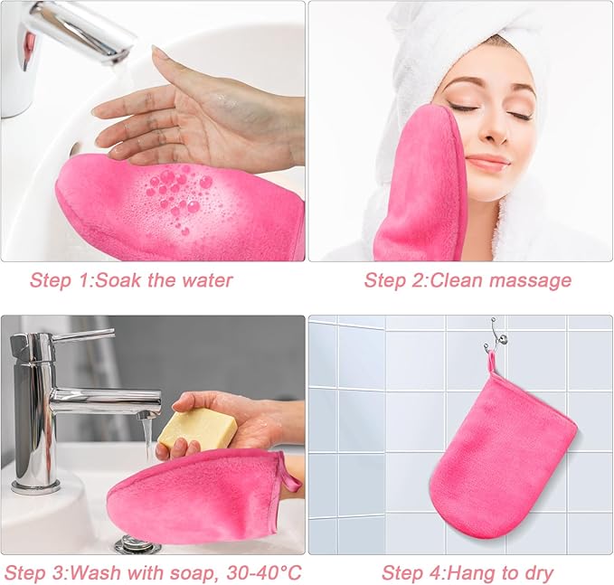 PHOGARY 6 Pack Microfiber Face Body Wash Mitts, Reusable Makeup Remover Mitt Gloves, Soft Flannel Cleansing Mitts Bath Spa Cloth, European Style Face Cloth Mittens, 6×8inch, Hot Pink