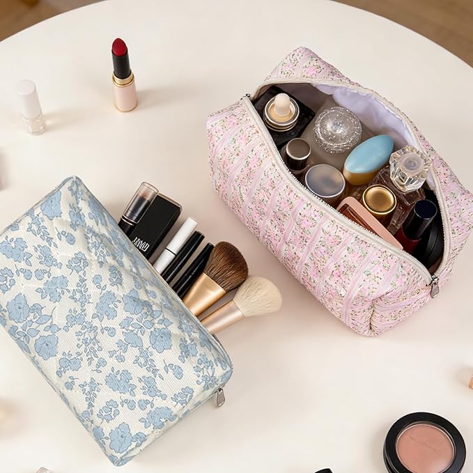 2 Pack Floral Makeup Bag, Cute Cosmetic Bag for Women Girls, Quilted Cotton Make up Pouch, Travel Makeup Bags, Portable Storage Toiletry Organizer Bag(Pink+Navy Blue)
