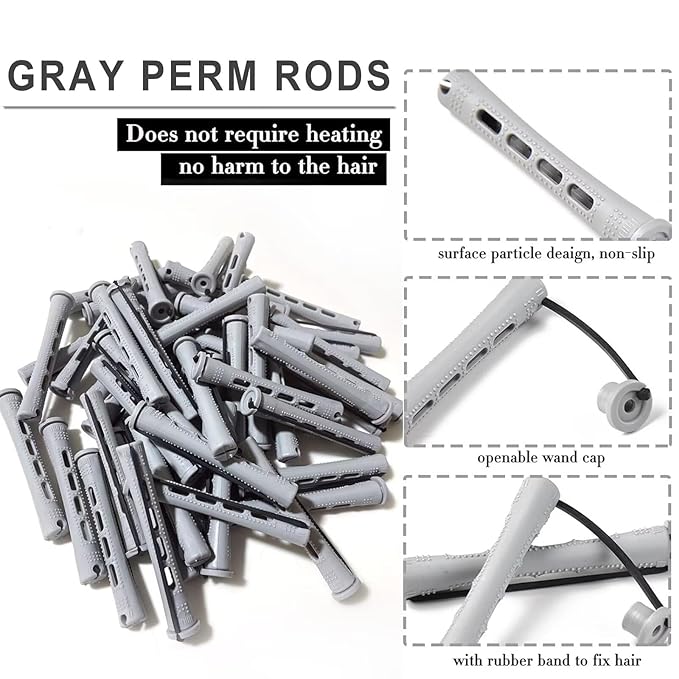 Perm Rods Set for Short Natural Hair 40Pcs Gray Plastic Cold Wave Rods Hair Curling Rollers Small Size 0.59 Inch For DIY Hairdressing Styling