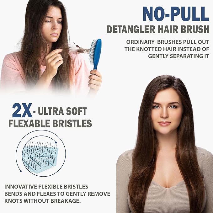 Fiora Naturals Hair Detangling Brush for Women - Detangler Hair Brush w/Flexible Soft Bristles- Gently Glides Through Tangles - Curly, Fine, Dry and Shower Wet HairBrush, cepillo para cabello - Blue