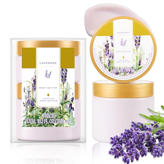 Princess Belle Lavender Body Butter, Body Moisturizer for Dry Skin, Body Butter for Women Smell Good, Lavender Gifts for Women-2 Pack (3.4floz + 6.8 floz)