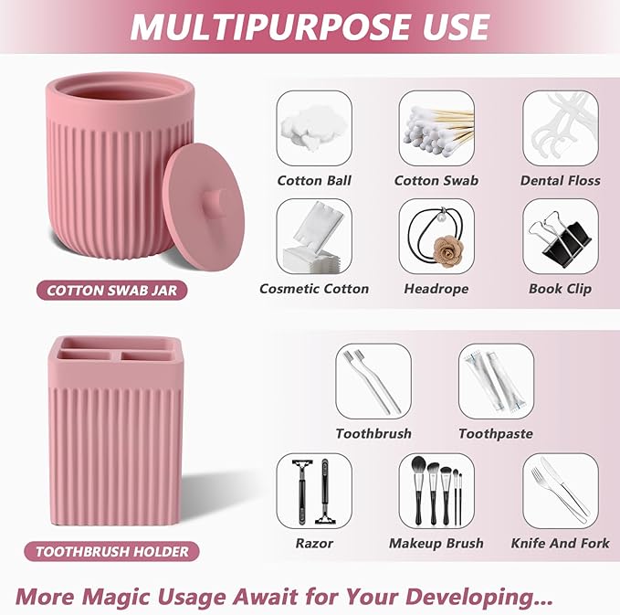 Resin Pink Bathroom Accessories Set 5 Pcs, Lotion Soap Dispenser, Toothbrush Holder, Bathroom Tumbler, Qtip Holder and Vanity Tray, Bathroom Countertop Organizer Set for Modern Home Apartment