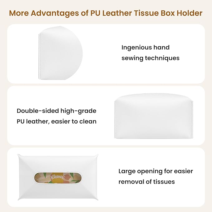 Long Tissue Box Cover, PU Leather Tissue Holder Rectangle, Facial Paper Organizer, Modern Dispenser for Bathroom, Kitchen, Home, Office, Tabletop (1, White, Short)