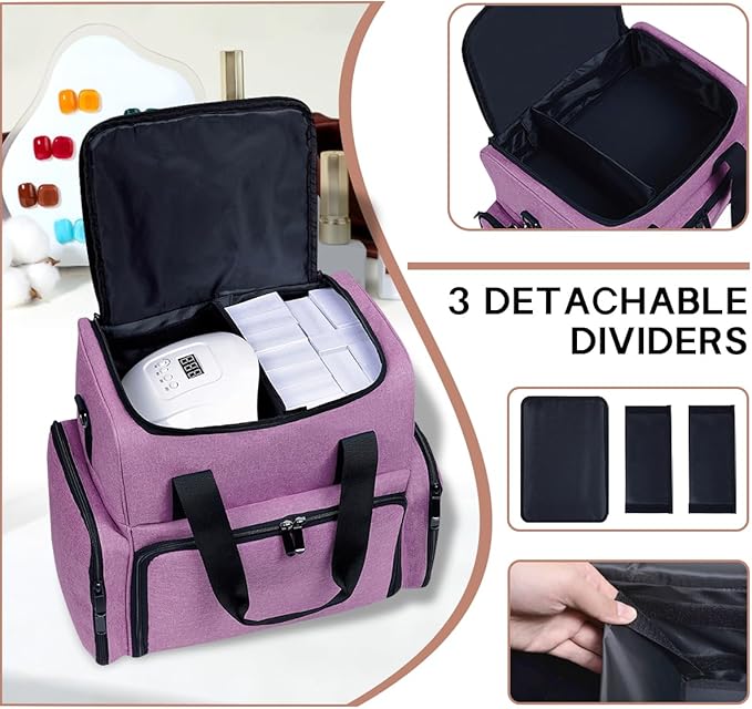 Nail Polish Organizer Case Holds 80 Bottles (15ml - 0.5 fl.oz) and a Nail Lamp,Nail Polish Case with 2 Removable Bags and Tools Storage Sections Purple