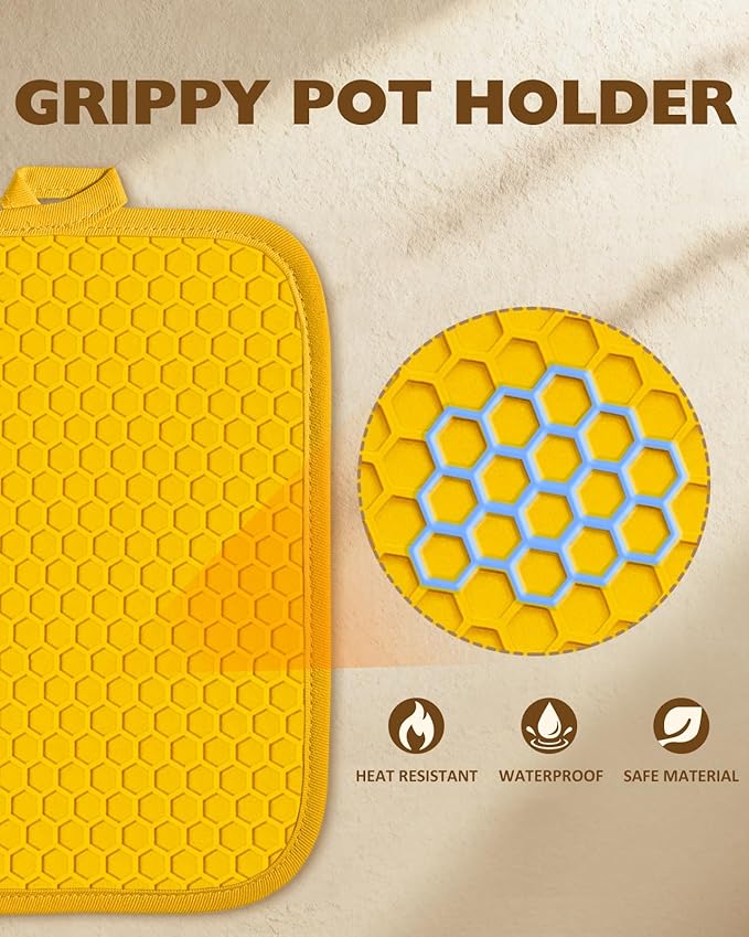 Slohif Silcone Daisy Bee Pot Holders for Kitchen - 100% Cotton Yellow Cute Oven Potholders with Pockets, Heat Resistant Square Thick Hot Pads, House New Home Baking Baker Gifts,2pack