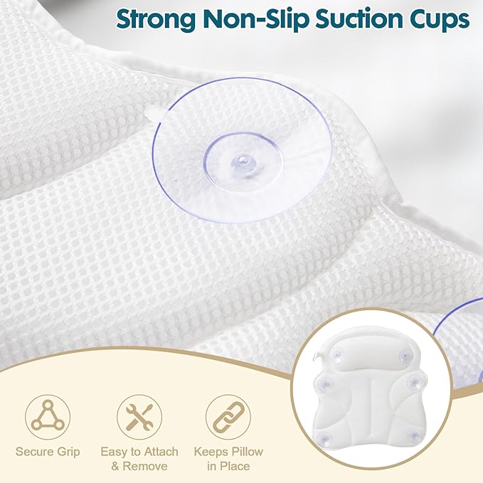 Bath Pillows for Tub – Bathtub Pillow with Head, Neck & Shoulder Support, Non-Slip Tub Pillow for Bathtub & Jacuzzi, Breathable Bath Tub Pillow with Wash Bag, Bath Accessories Gift for Women & Men