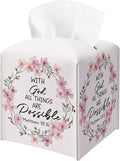with God All Things are Possible Tissue Box Cover Square, Pink Wreaths Waterproof Leather Tissue Box Holder, Pink Paper Facial Tissue Box Covers Cube for Office Bathroom Home Prayer Room