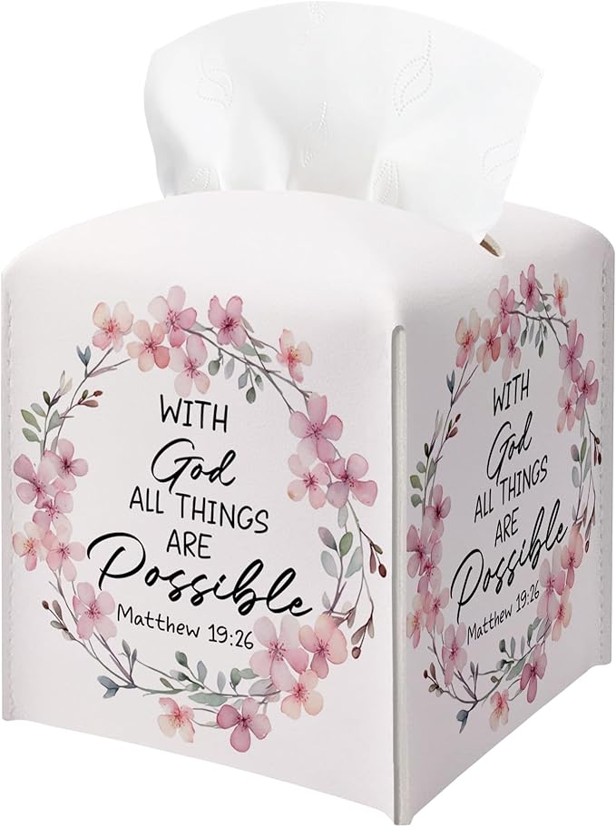 with God All Things are Possible Tissue Box Cover Square, Pink Wreaths Waterproof Leather Tissue Box Holder, Pink Paper Facial Tissue Box Covers Cube for Office Bathroom Home Prayer Room
