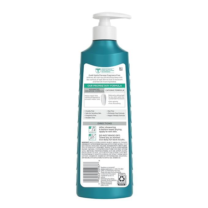 Curel Hydra Therapy In Shower Lotion, Wet Skin Moisturizer for Dry or Extra-dry Skin, with Advanced Ceramide Complex, 12 Oz, Pack of 2