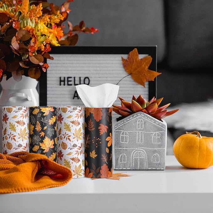 Fourluoo 12 Pack Fall Maple Leaf Tissue Boxes for Car Cylinder Bulk Autumn Round Cylinder Holder with 3 Ply Facial Tissues for Thanksgiving Day Travel Home Bathroom Office Accessories
