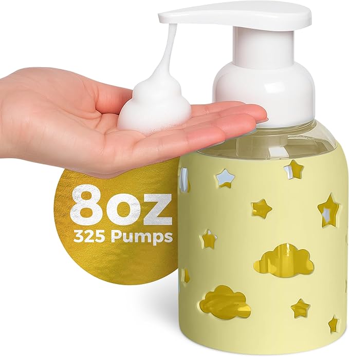 SoCal Suds & Company Foaming Hand Soap Dispenser Glass, Liquid Soap Pump with Cloud & Star Sleeve, Refillable Bottle for Kids, Baby Wash & Shampoo, Ideal for Bathroom & Kitchen Use, Light Yellow, 8oz