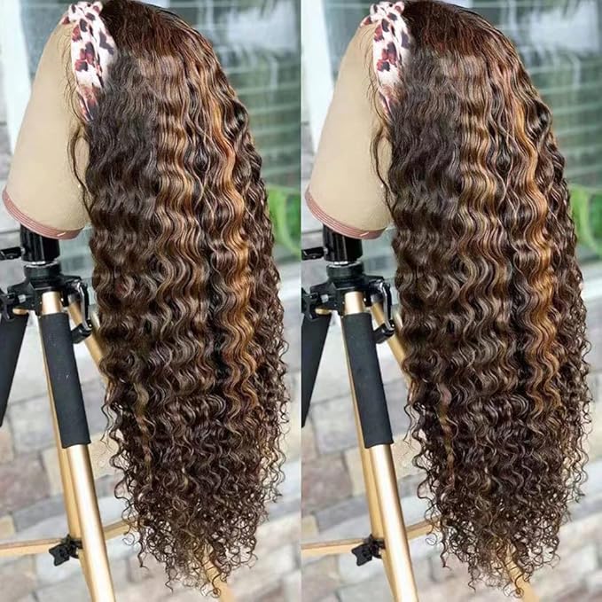 XSY Headband Wig Human Hair, Ombre Highlight Curly Human Hair Wigs for Black Women No Lace Front Wig 150% Density 4/27 Highglight Wig (26 Inch)