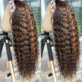 XSY Curly Headband Wig Human Hair Highlight Ombre Deep Wave Headband Wigs for Black Women #4/27 Golden Brown Wig 28 Inch