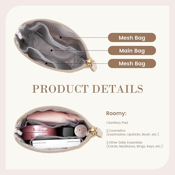 MAGEFY Mini Makeup Bag, Cute Small Makeup Bag for Purse Corduroy Cosmetic Bag for Women with Slip-in Pockets Travel Purse Essentials Lipstick Bag (Beige,Mini)