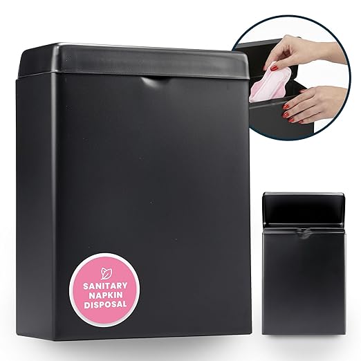Alpine Sanitary Napkin Receptacle – Wall Mounted Tampon Holder for Bathroom Provides Clean & Odor-Free Restroom for Home, Office & Public Restrooms (Black)