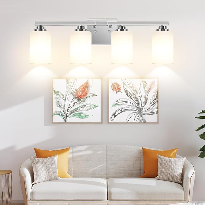 Brushed Nickel 4-Light Bathroom Light Fixtures, 27" Modern Vanity Lights Over Mirror with Milky White Frosted Glass Shade, Classic Wall Light Fixture for Mirror Living Room Cabinet Bedroom Porch