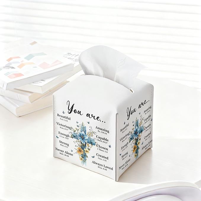 Easter Cross Tissue Box Cover, PU Leather Drawstring Bottom - God Bible Verse, Wildflower Cross Decor, Thank You, Blessing, Farewell, for Friends, Colleagues, Christians | Decorative Organizer