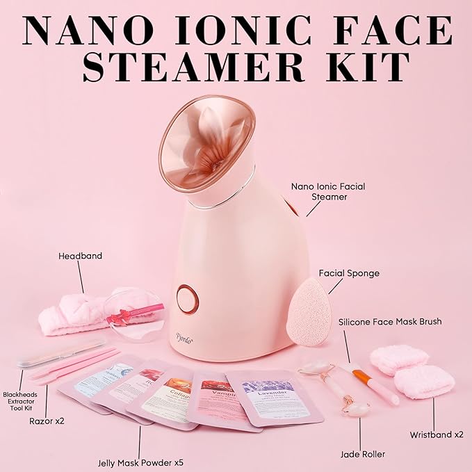 Facial Steamer Spa Kit, 12 Skin Care Tools & 5 Jelly Mask Powder, Nano Ionic Steamer for Facial Deep Cleaning Unclog Pores Sinuses, Warm Mist Humidifier for Home SPA, Self Care Gifts for Women