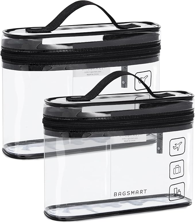BAGSMART TSA Approved Toiletry Bag, 2 Pack Clear Makeup Cosmetic Bag Organizer, Quart Size Travel Bag for Toiletries, Carry-on Travel Accessories Essentials, Black-2pcs
