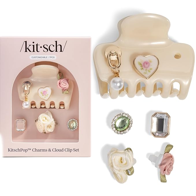 KitschPop ™ Hair Clips For Women with Charm Sets -Customizable Cloud Claw Clip With Interchangeable Collectible Cute Charms | Ideal Gifts For Women - Pearlized Cream, 7pcs Set