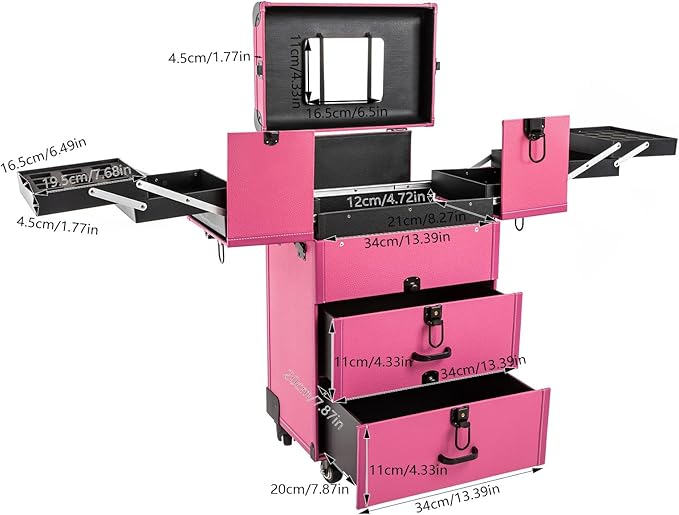 Rolling Makeup Train Case with Wheels and Mirror, Lockable Portable Cosmetic Organizer Trolley, Large Make up Cosmetic Orgainzer, Pro Makeup Artists Multifunction Cosmetics Trolley Train Case (Rose)