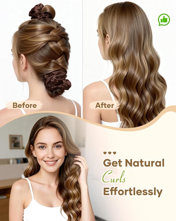 BONNET QUEEN Satin Heatless Hair Curler, Overnight Curls for Long Hair, ultra soft Heatless Curling Rod & 2 Scrunchies,Damage-Free Styling, Soft Hair Curlers for Overnight Use(Brown)