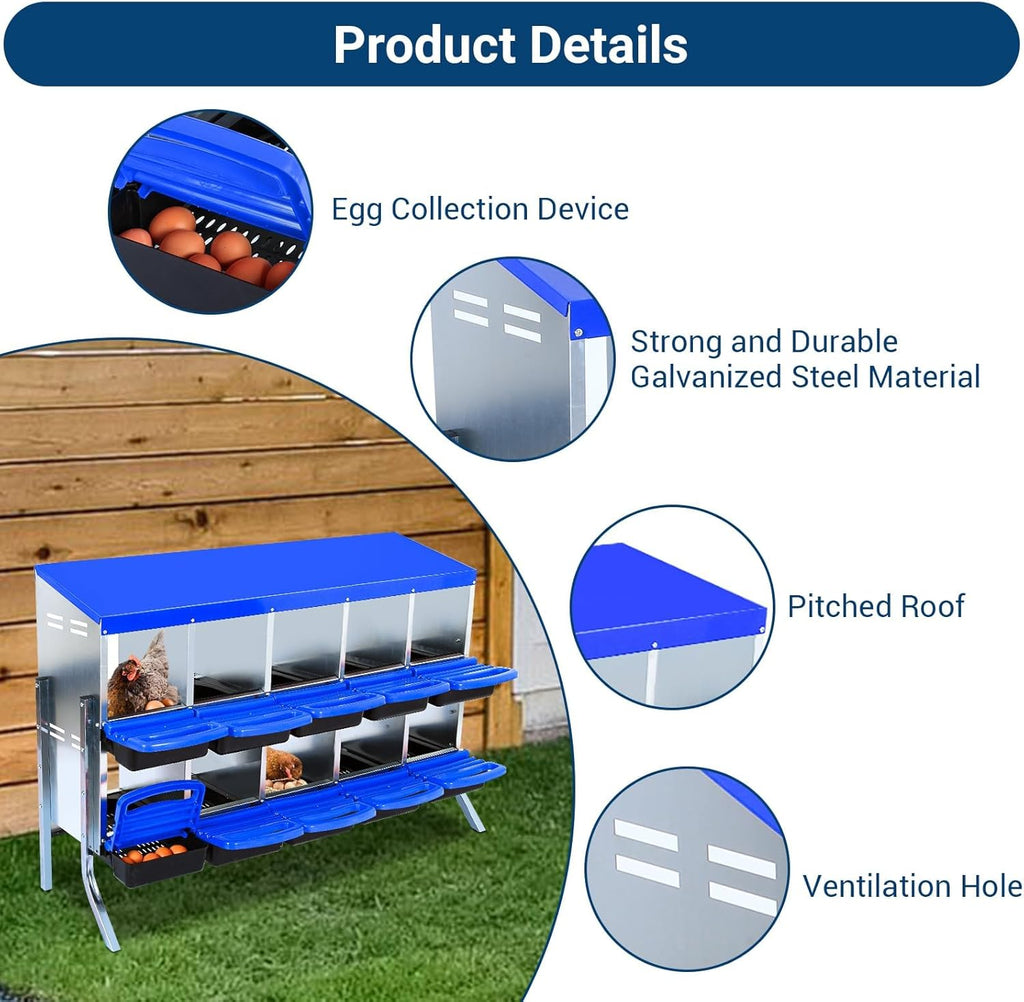 Chicken Nesting Box, 10 Hole 2 Layer Hen Nest Boxes with Legs, Roll Away Eggs Laying Boxes,Cleanable Pull Out Hen Roosting Boxes