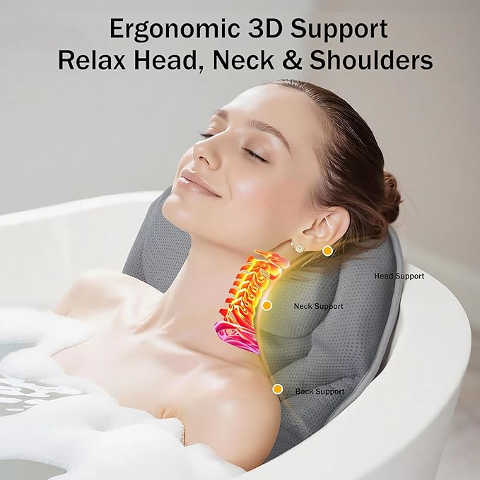 Bath Pillow PYRRHIC - Bathtub Pillow 5D Mesh with Neck & Back Support Non-Slip Suction Cups Fast Drying Soft Spa Pillow Relaxing Bath Accessories with Hook Laundry Bag Grey