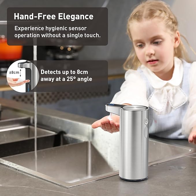 EKO Automatic Foaming Soap Dispenser, Touchless Foam Hand Soap Dispenser for Bathroom and Kitchen, Water-Resistant and Rechargeable, 9 fl oz, Modern Design for Homes and Offices (Stainless)