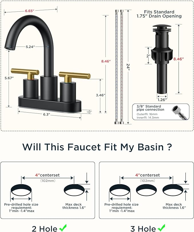 FORIOUS 4 in Black and Gold Bathroom Faucet Centerset, 2 Handle Matte Black Swivel Faucet for Bathroom Sink 2 or 3 Hole with Pop Up Dain Assembly and cUPC Supply Hose, Suitable for Vanity RV Restroom