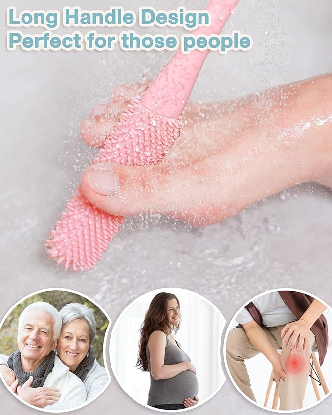 2 Pack Toe Cleaning Brush,15.7" Long Handle Silicone Foot Scrubber Bath Brush Bathroom Cleaner for Seniors Elderly Men and Women (Pink)