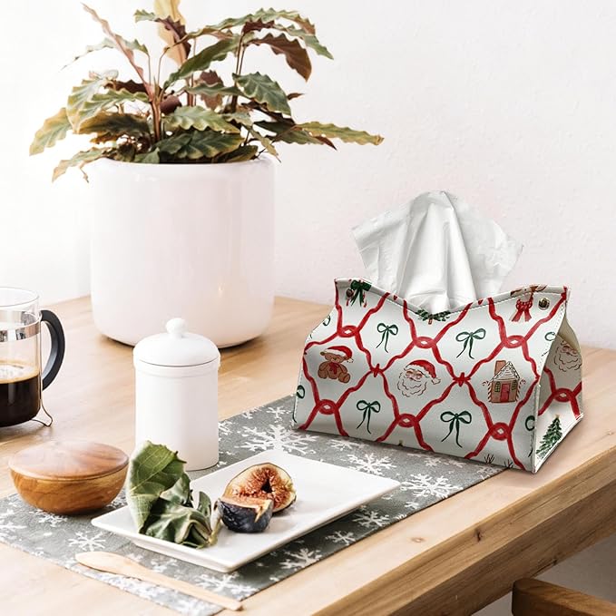 Christmas Tissue Box Cover Rectangle, Green Red Tissue Box Holder, Santa Bows Winter PU Leather Tissue Covers Decorative for Home Office Kitchen, Cute for Women Girls 9.8x5.9x5.9