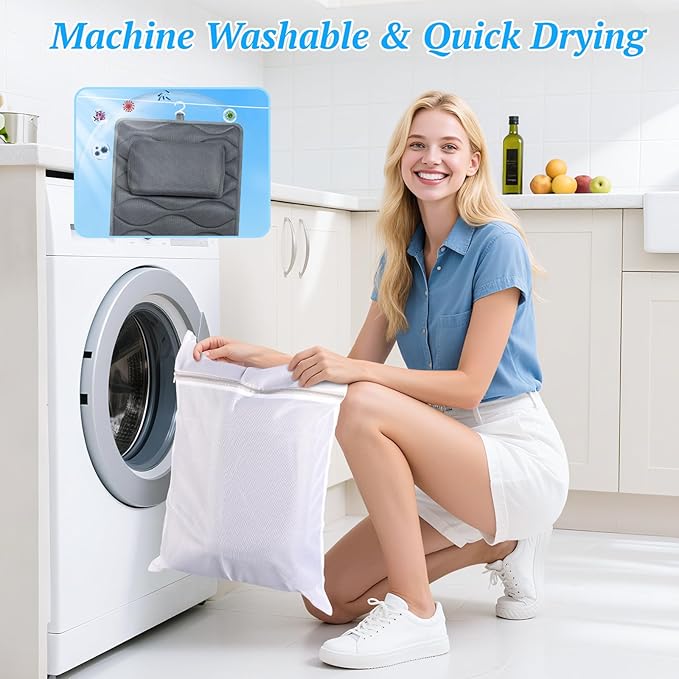 Bath Pillow for Tub with Laundry Bag & 17 Non-Slip Suction Cups, Extra Thick and Soft Bathtub Pillow for Head, Neck & Shoulder Support, 51" x 16" Grey