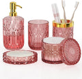 New Pink Glass Bathroom Accessories Set 5 Pcs, Pink Bathroom Set, Soap Dispenser and Toothbrush Holder Set, Qtip Holder Set, Vintage Bathroom Sink Set, Cute Bathroom Decor