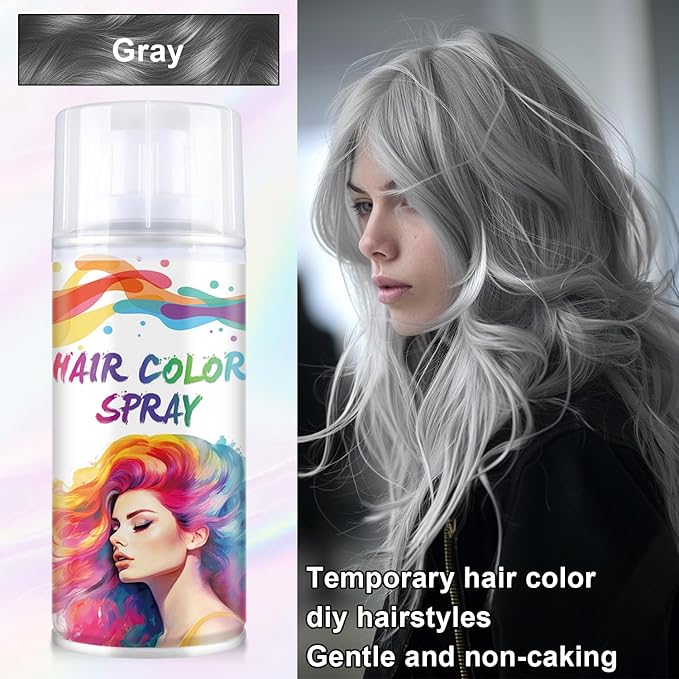 Temporary Hair Color Spray, Gray One-Time Use Hair Color Dye for Women and Kids, Disposable Natural Hair Strong Style Hair Dye-On 1-Day Washable for Cosplay Party DIY,Christmas Party, Halloween (Gray)
